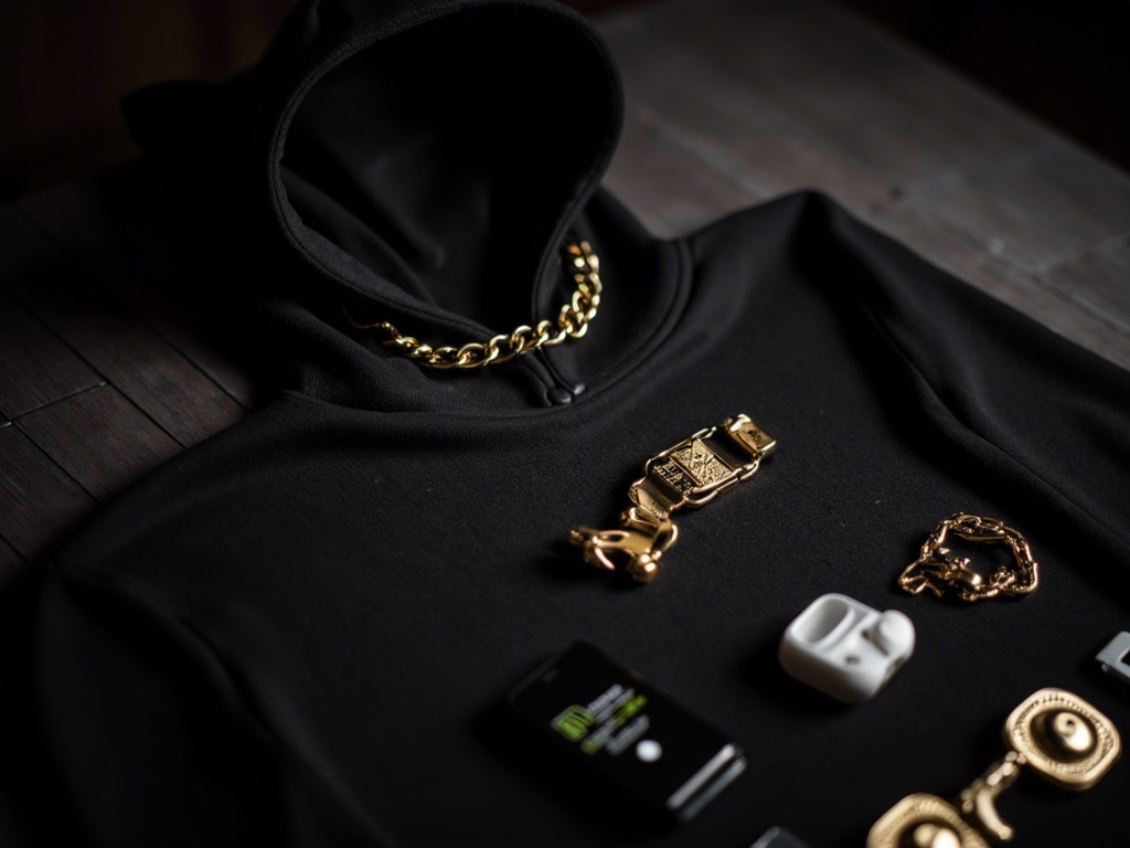 Premium black hoodie with gold chain accessories and tech items